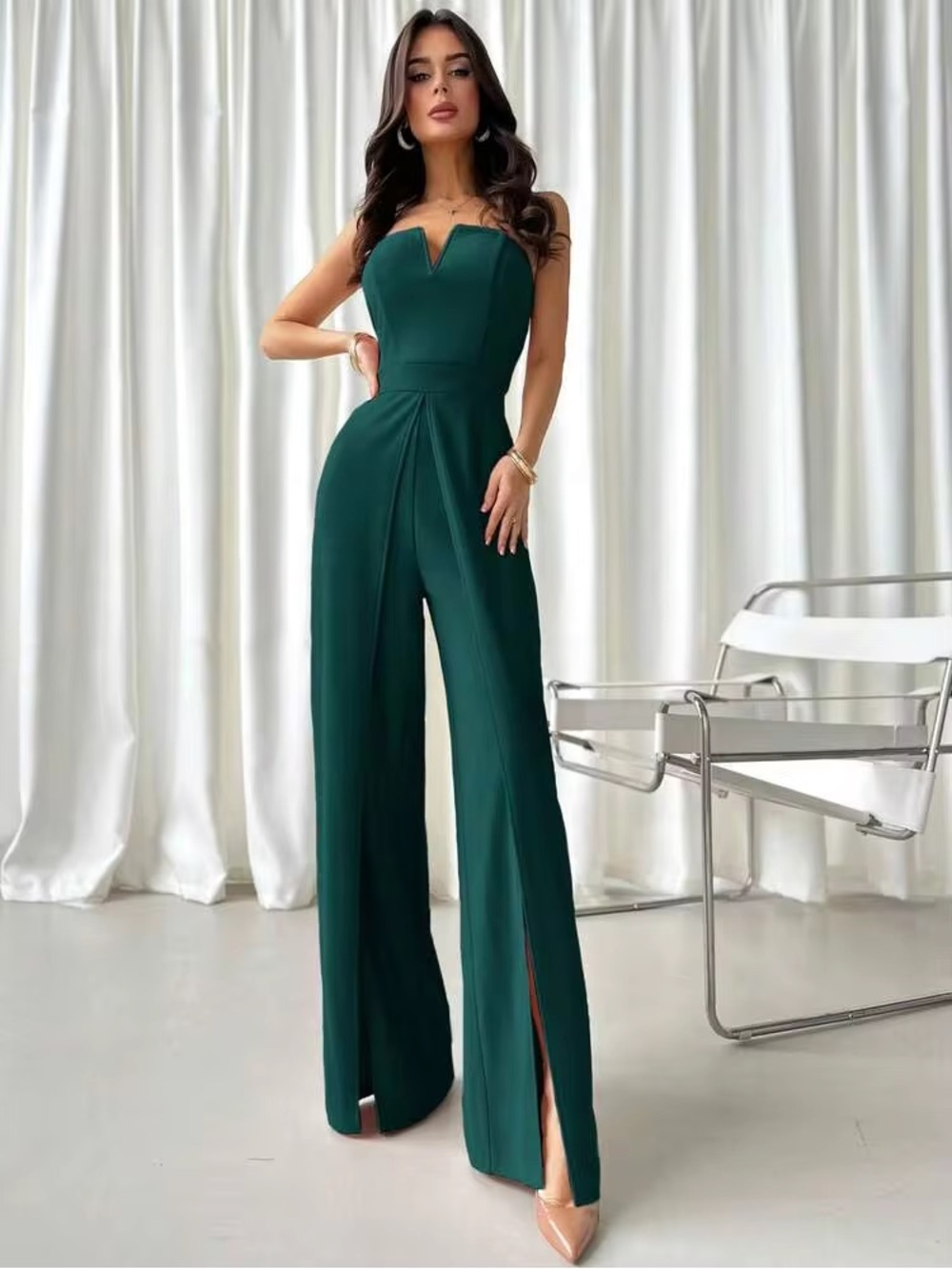 Elegant Forest Green Strapless Wide Leg Jumpsuit